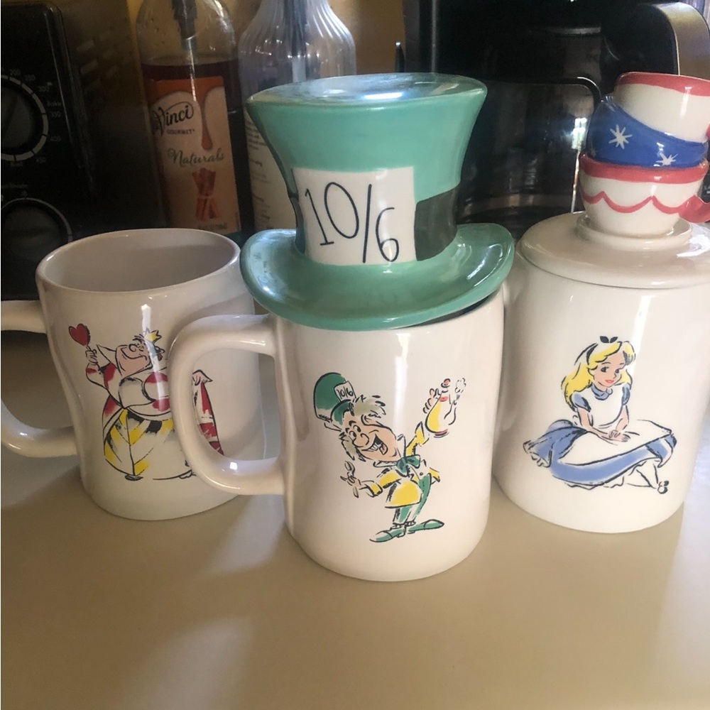 Rae Dunn Alice in Wonderland Ceramic Mug Set.
